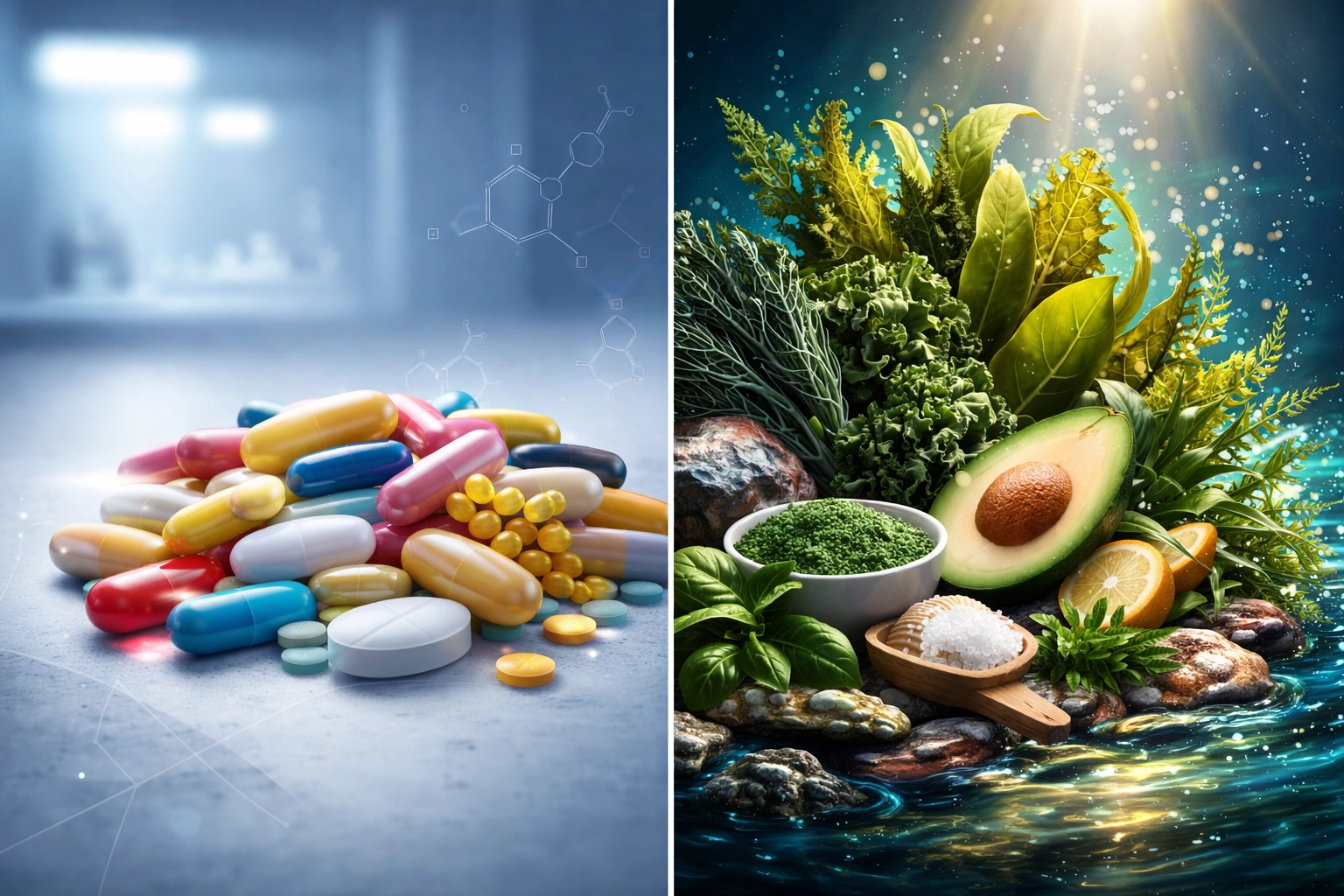 Comparison of synthetic vitamin pills versus natural whole foods like seaweed and leafy greens