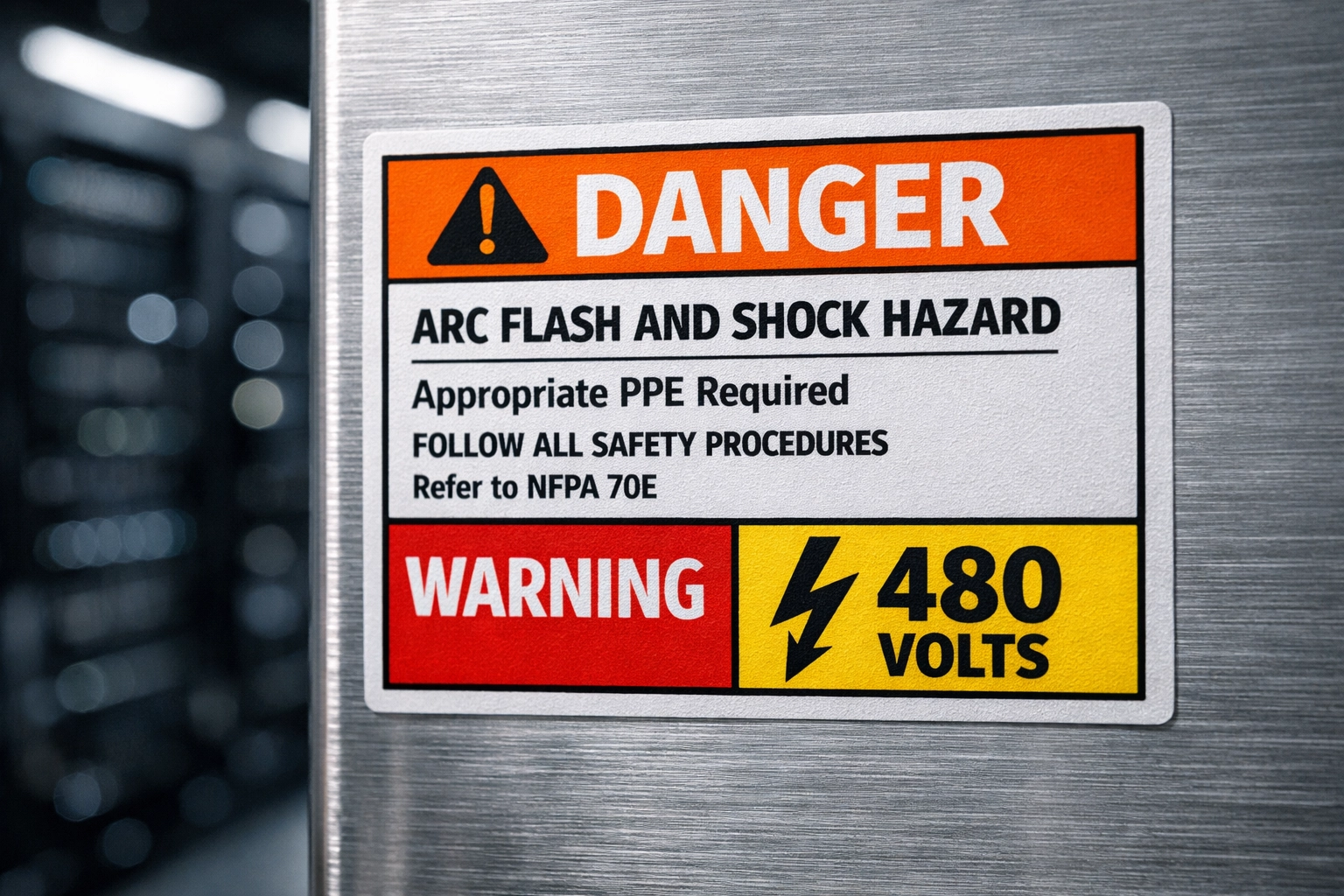 Close-up of a compliant arc flash safety label on a professional electrical distribution panel.