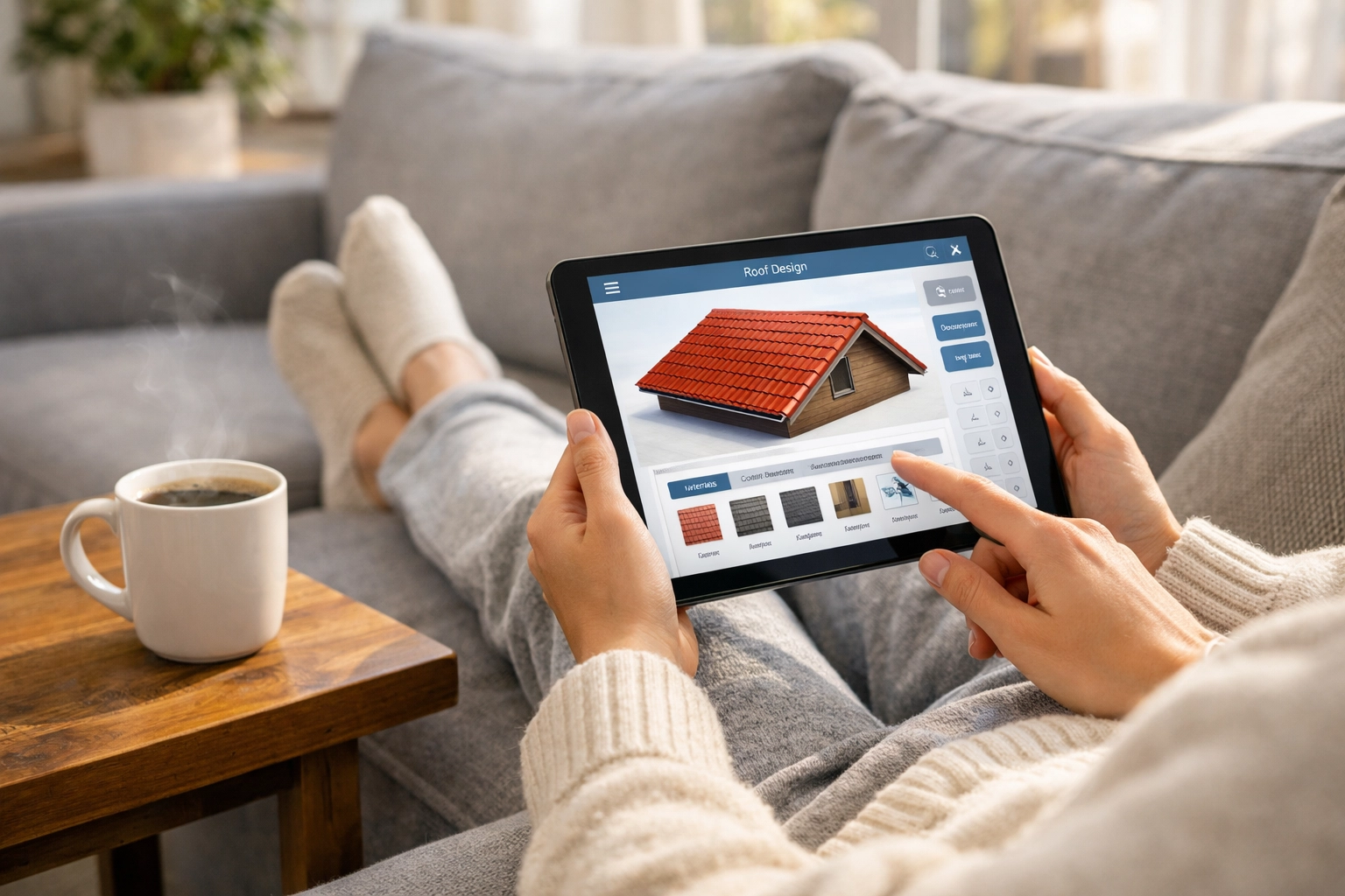 Homeowner using the Live Solar online tool to design a solar panel system from their sofa.