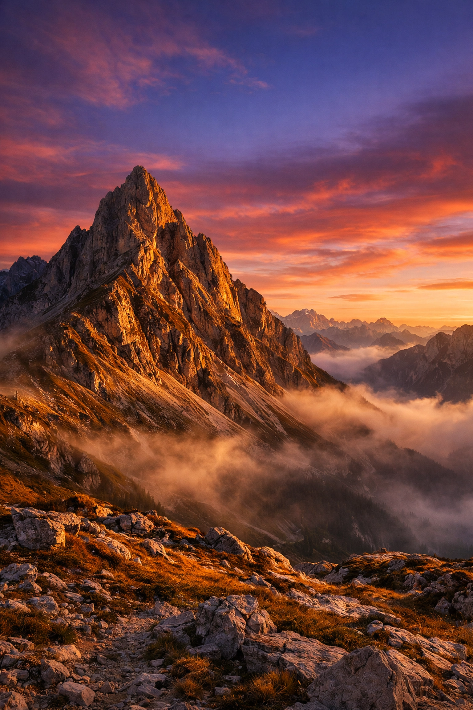 Landscape photography showing a mountain peak during golden hour with warm light and mist.