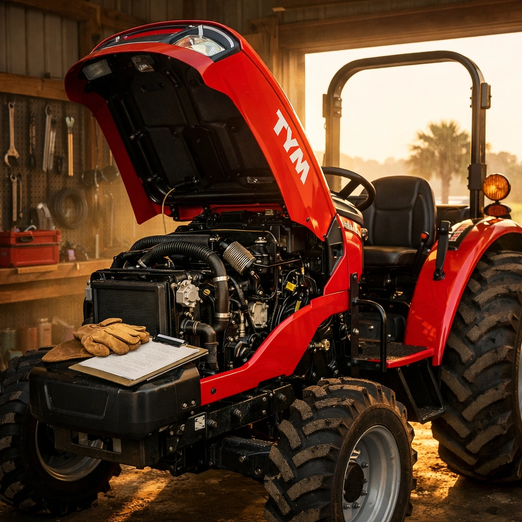 TYM compact tractor with engine hood open for spring maintenance inspection in Florida barn
