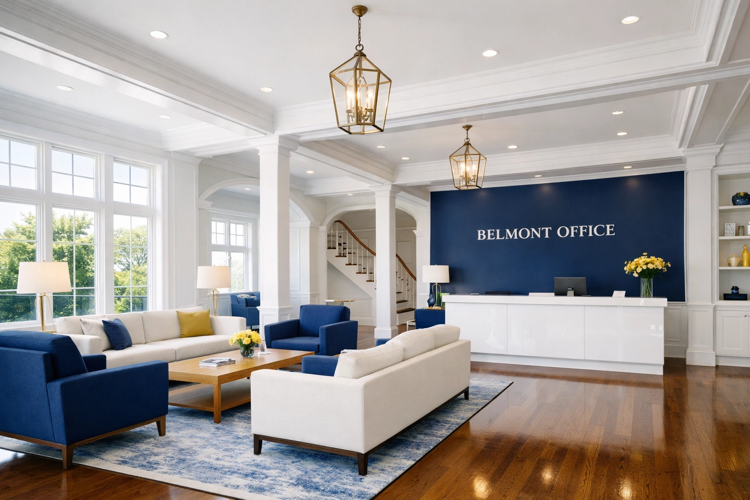 A flawlessly clean office lobby in Belmont, MA with polished floors and bright professional decor.