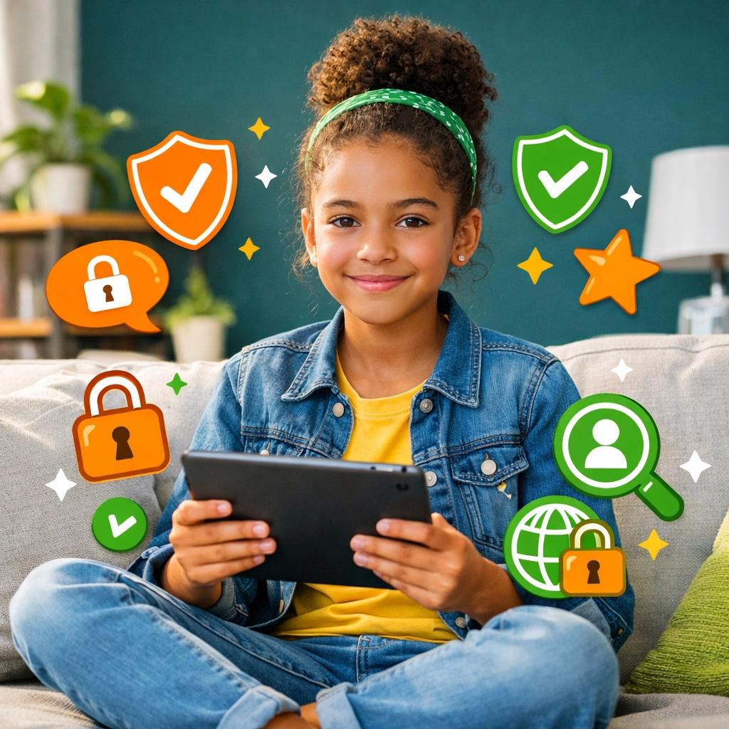 A confident girl using a tablet with digital safety icons, representing online discernment and internet boundaries.