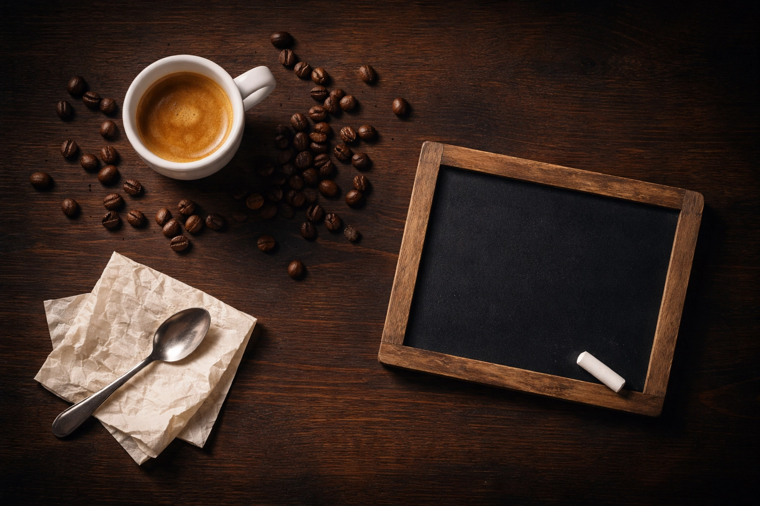Overhead view of espresso cup and coffee beans on dark wood, embodying Velvet Perk