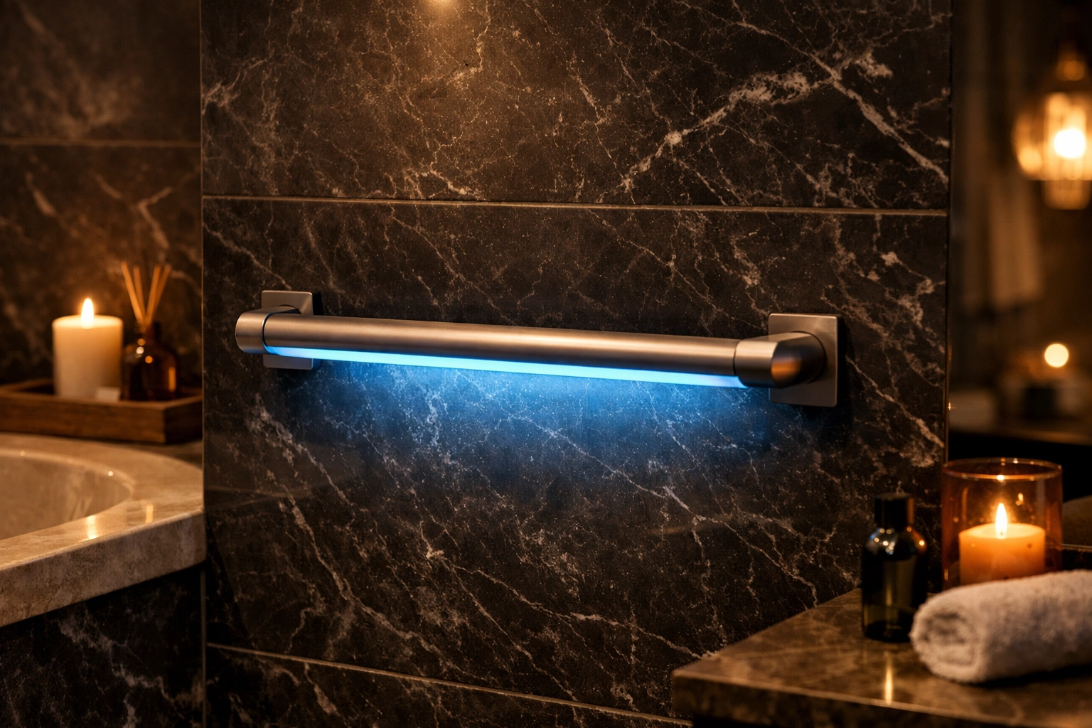 Modern horizontal grab bar with integrated blue LED lighting for enhanced nighttime bathroom safety.