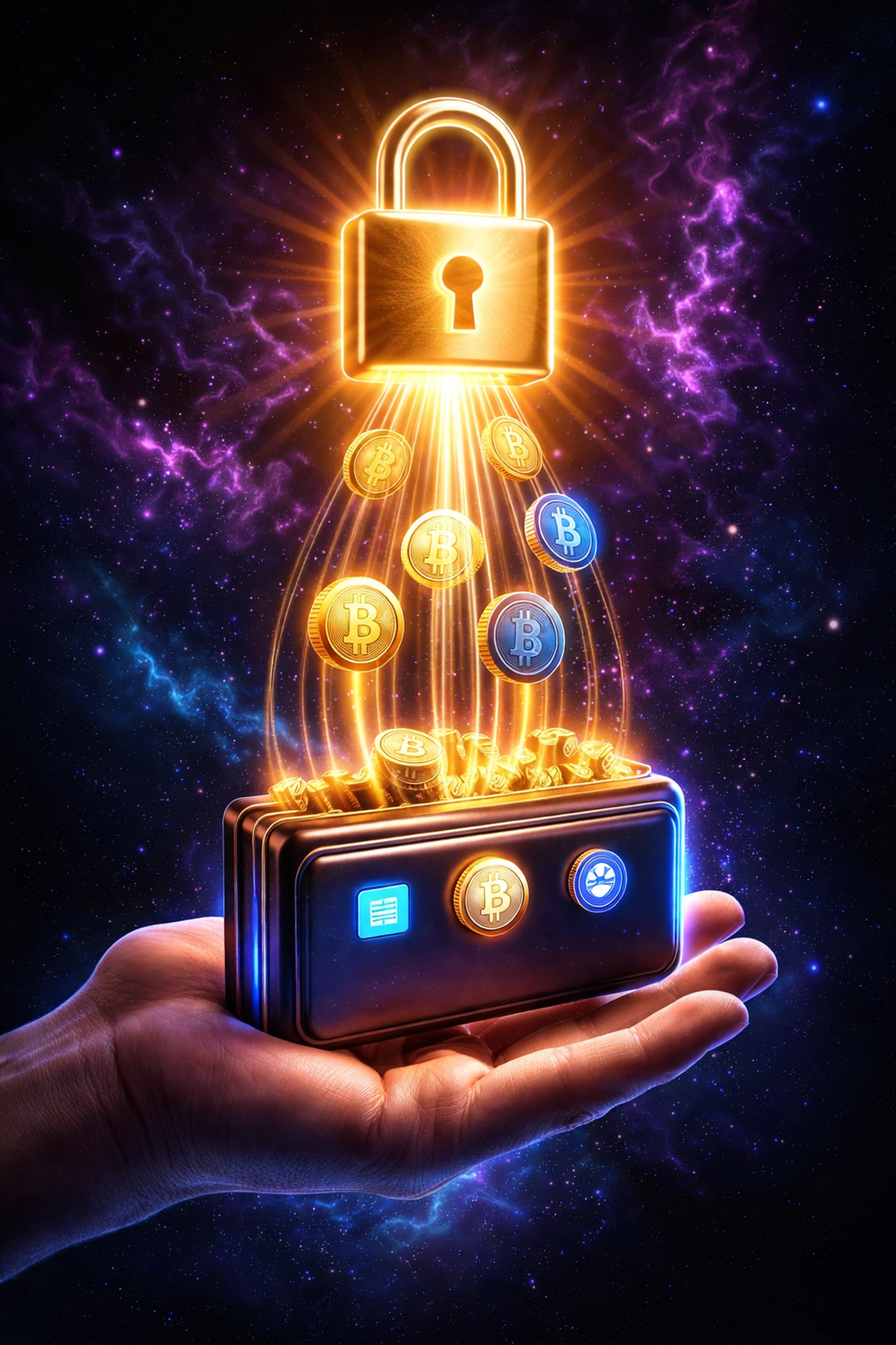 A golden padlock floating above a hand with crypto coins streaming into a wallet, illustrating true self-custody in decentralized web3 payments.