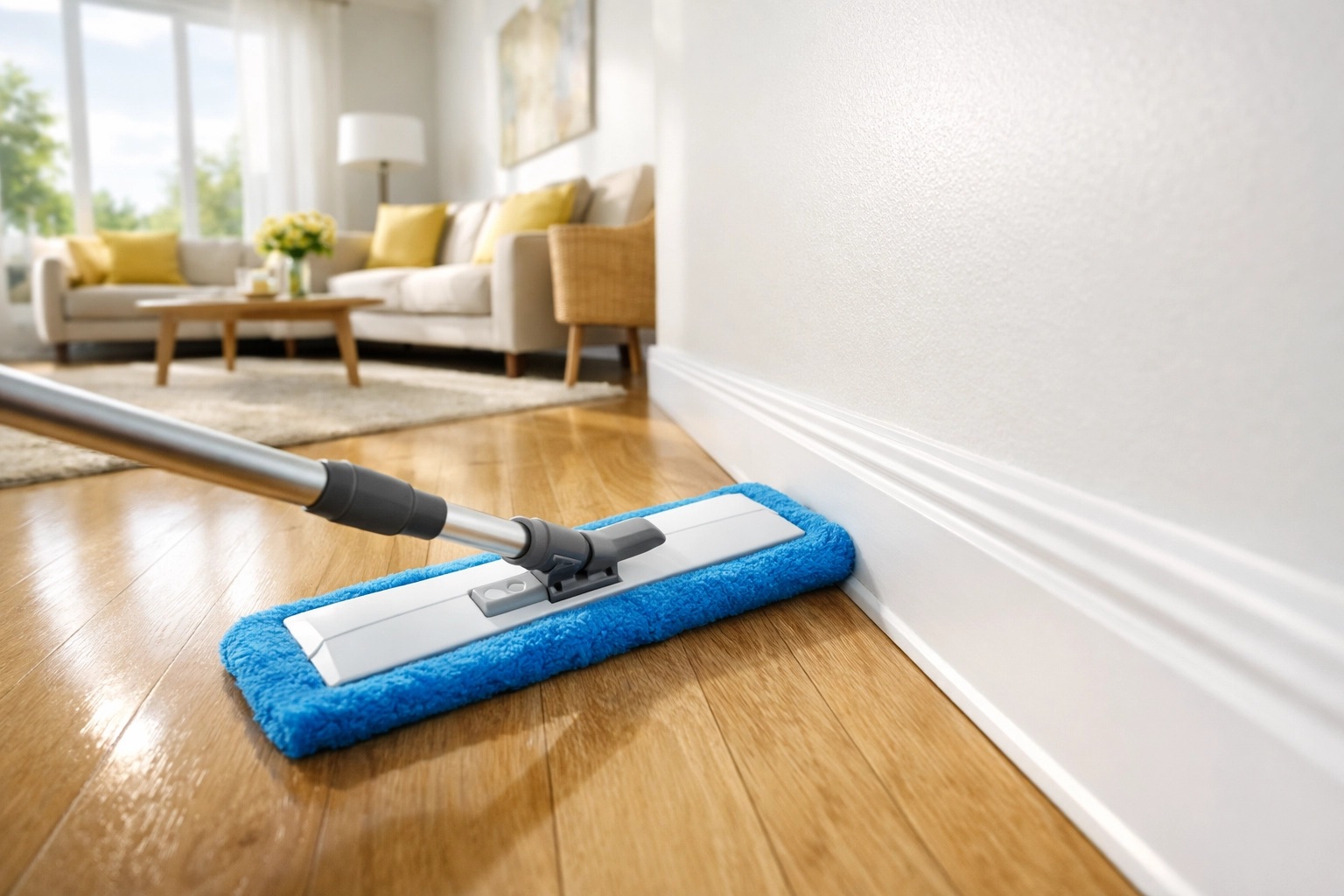 Modern flat mop cleaning white baseboards in a bright living room using no-bend techniques.