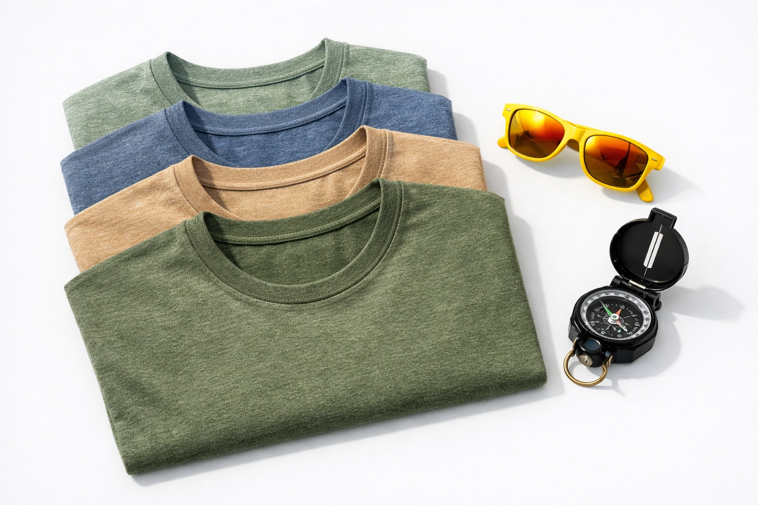 Custom summer camp t-shirts fanned out in 2026 trend colors like heather sage, slate blue, and tan.