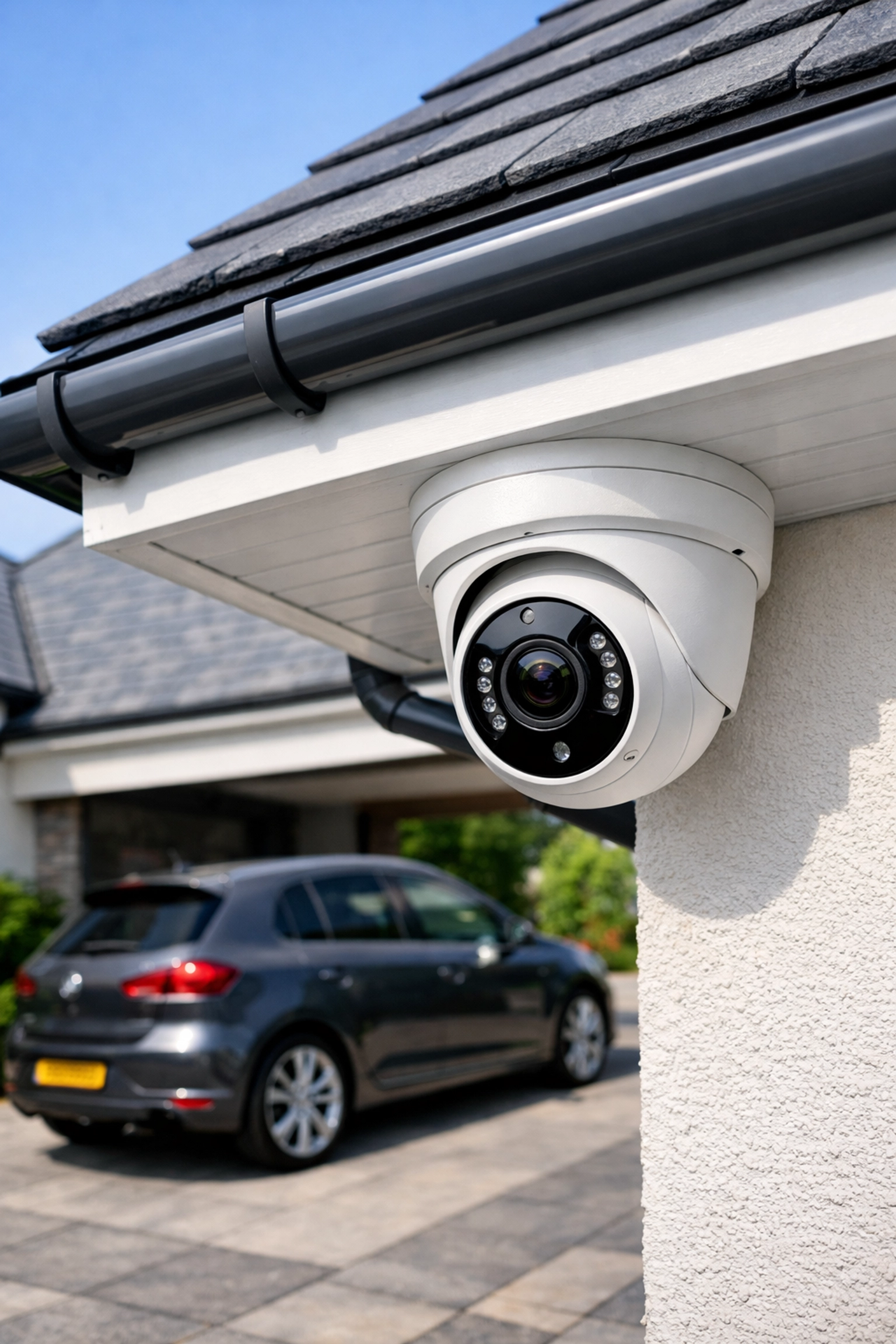 Professional NVR IP security camera installed under the eaves of a home to monitor the driveway.
