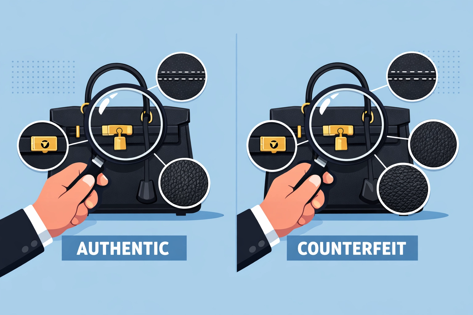 Side-by-side comparison of authentic and fake designer handbags under magnification