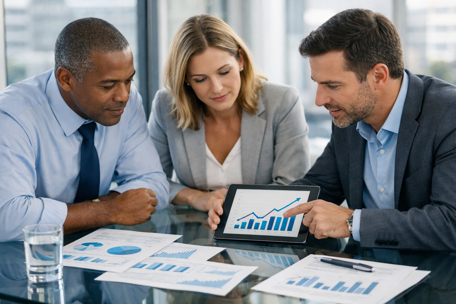 Business team collaborating on financial strategy and business plan with charts and data