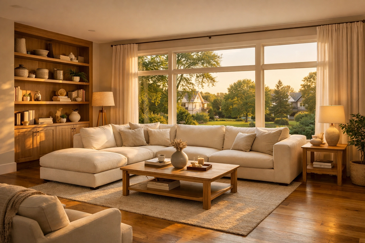 Sun-drenched living room interior representing a local Bay Village home remodeling project.