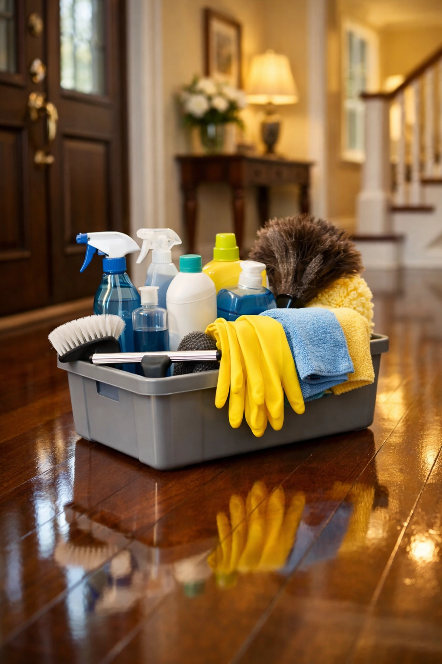 Professional house cleaning supplies on a polished hardwood floor in a luxury Westchester NY home.