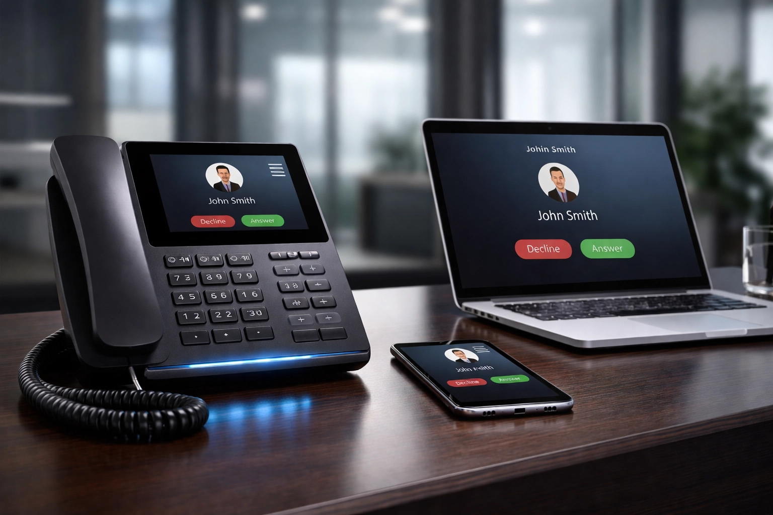 Modern VoIP desk phone with laptop and smartphone in corporate office for business communications