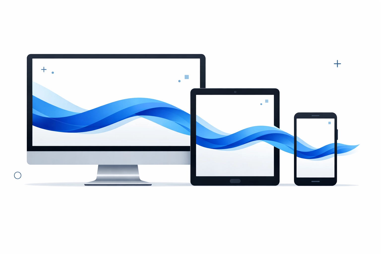 A fluid ribbon flowing through a monitor, tablet, and smartphone to show seamless responsive web design.