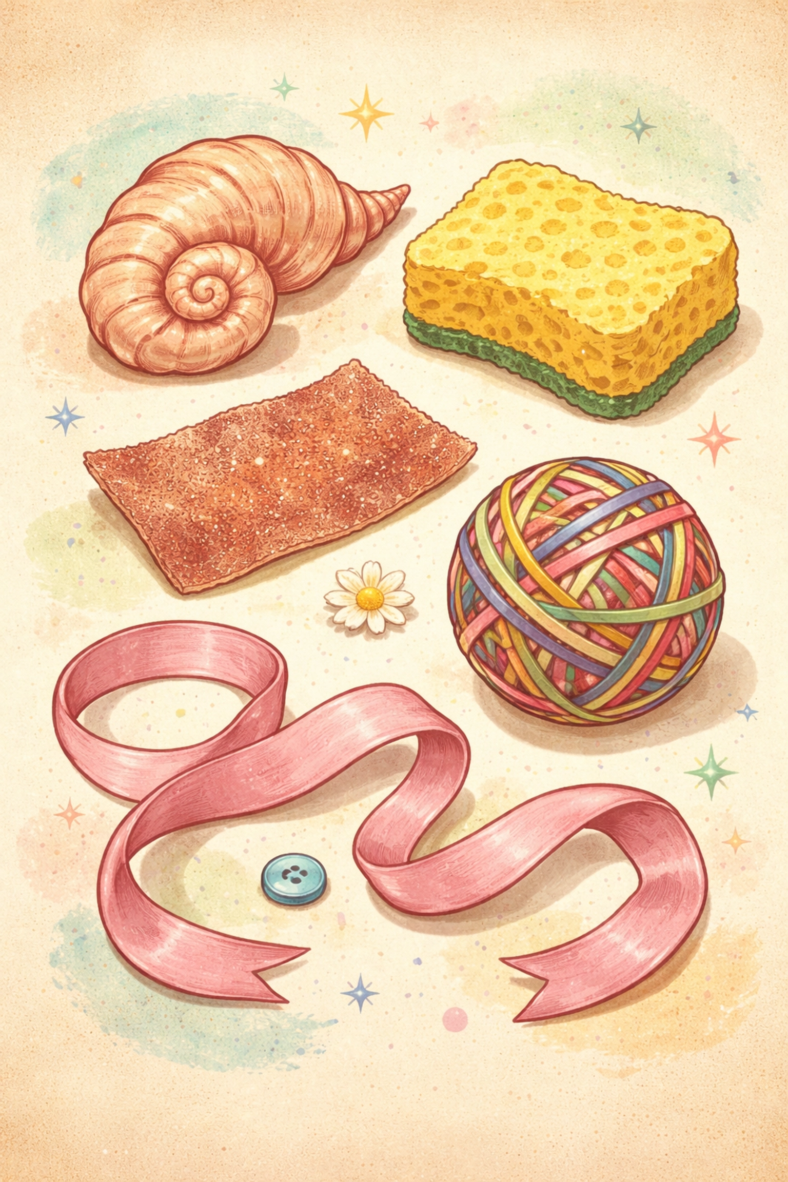 Assorted mystery bag game objects like a seashell, kitchen sponge, sandpaper, and ribbon on display