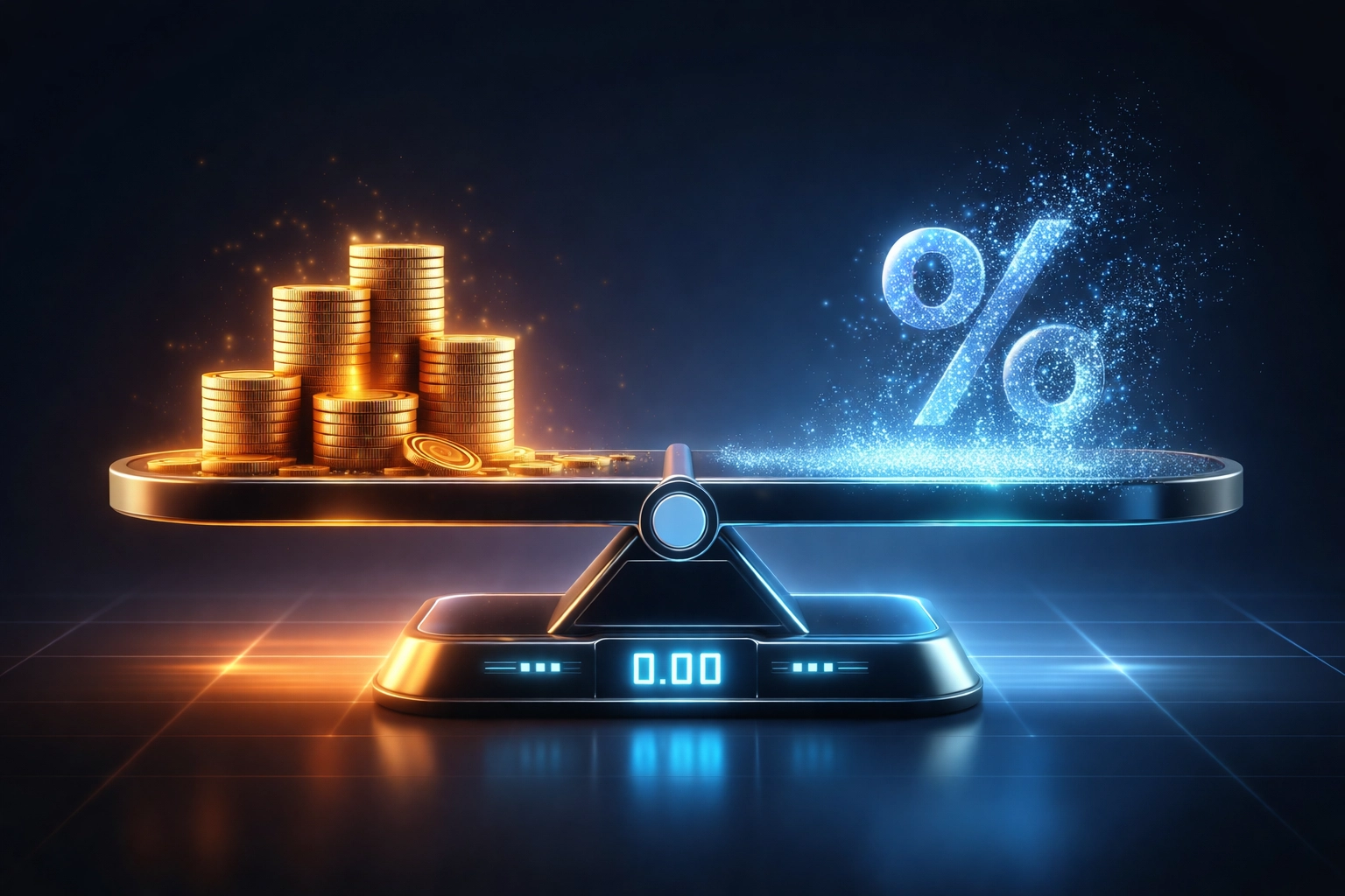 Digital scale balancing gold coins against dissolving percentage signs, symbolizing lower crypto payment fees with LUSD stablecoin.