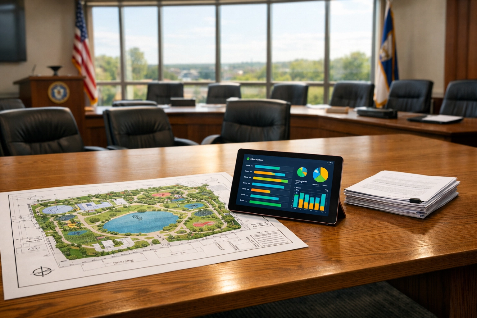 Organized municipal conference room with blueprints and data tablet for grant management and infrastructure planning.