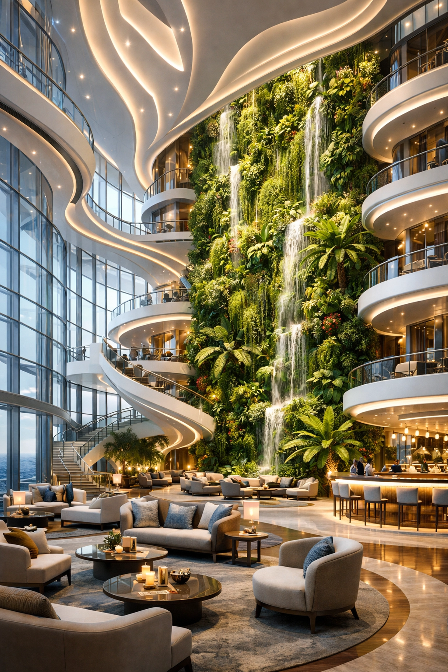 Spacious modern cruise ship atrium with lush garden walls and luxury social lounge areas.