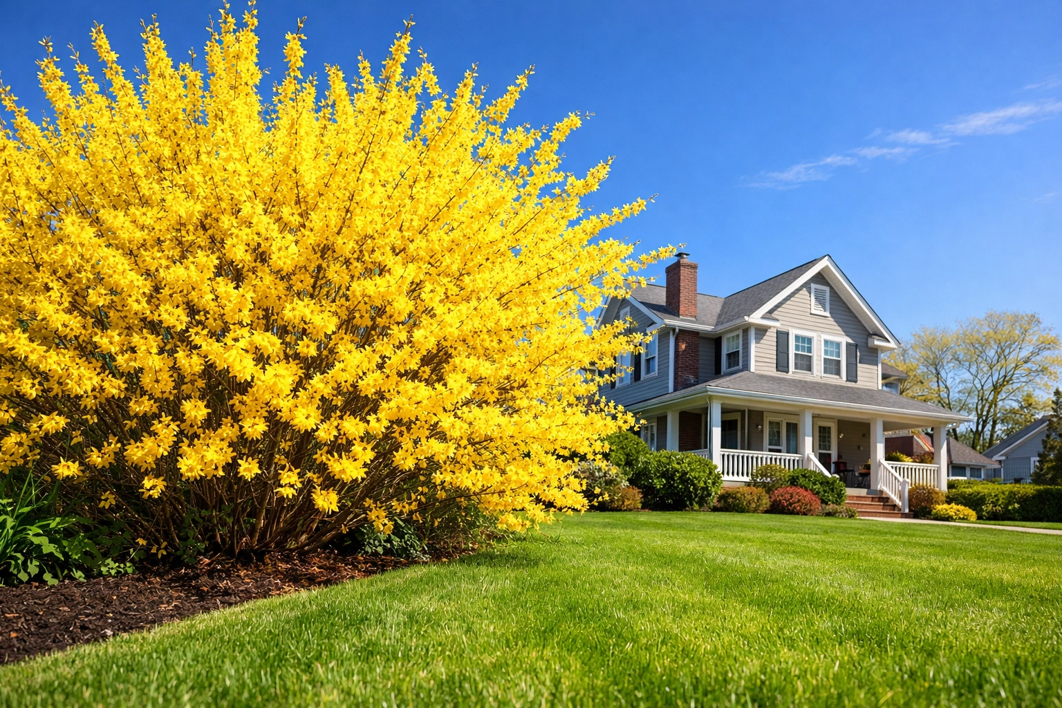 Bright yellow Forsythia blooming on Staten Island, signaling the start of spring lawn care and crabgrass prevention.