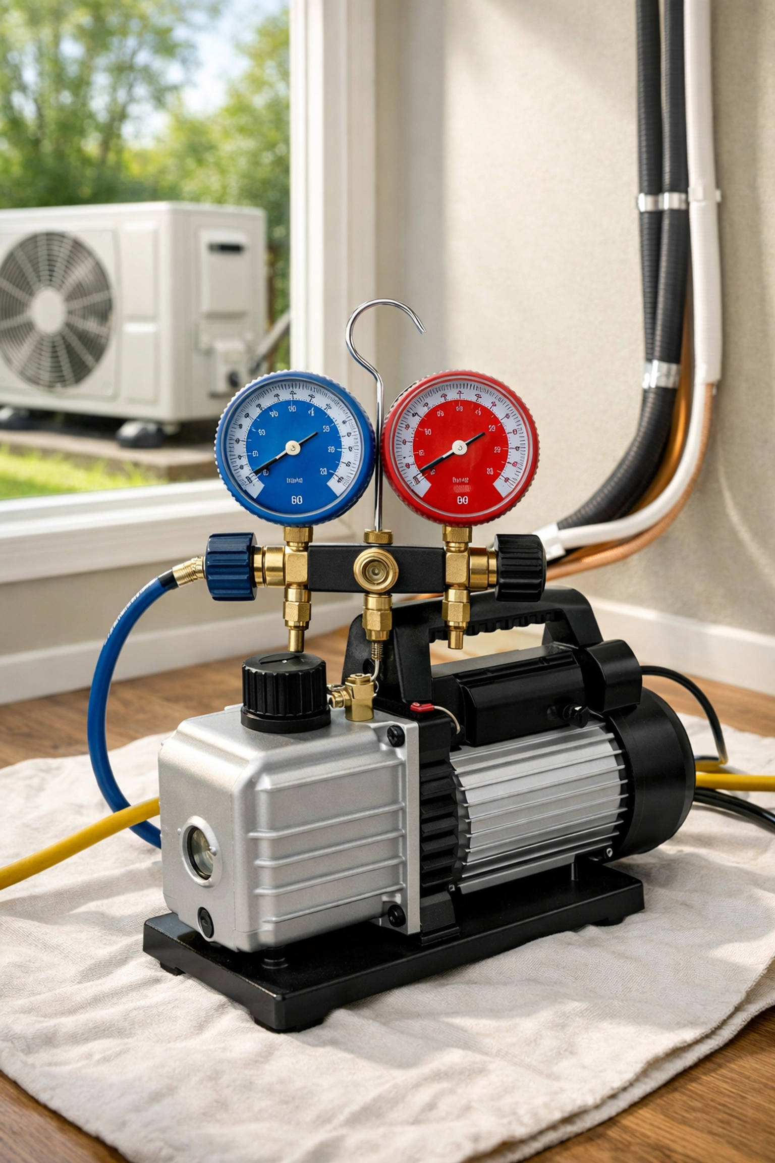 HVAC vacuum pump with pressure gauges during mini-split installation