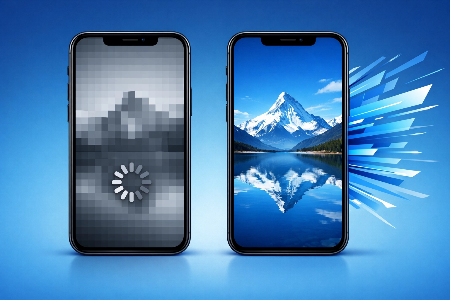 Comparison of slow-loading vs optimized mobile images showing performance impact