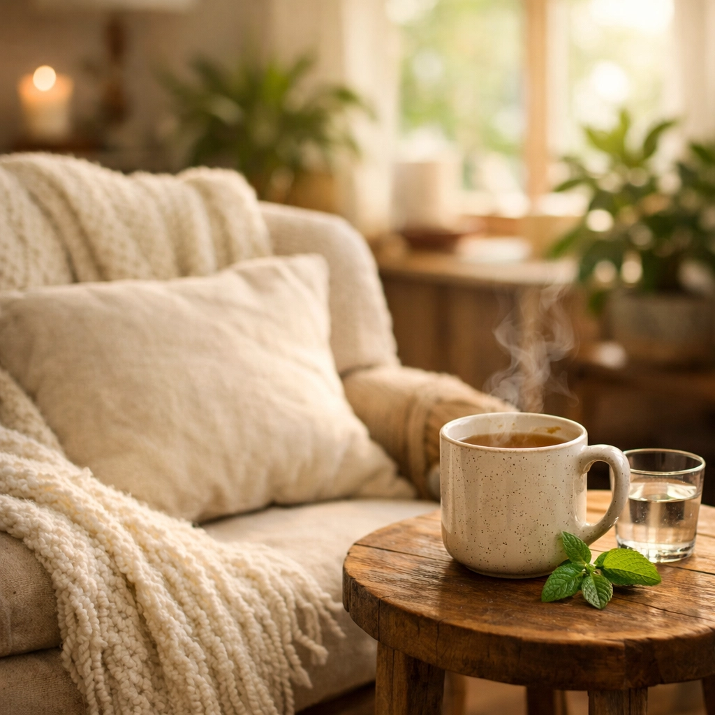 A restorative recovery space with tea and a blanket for healing after accidental gluten exposure.