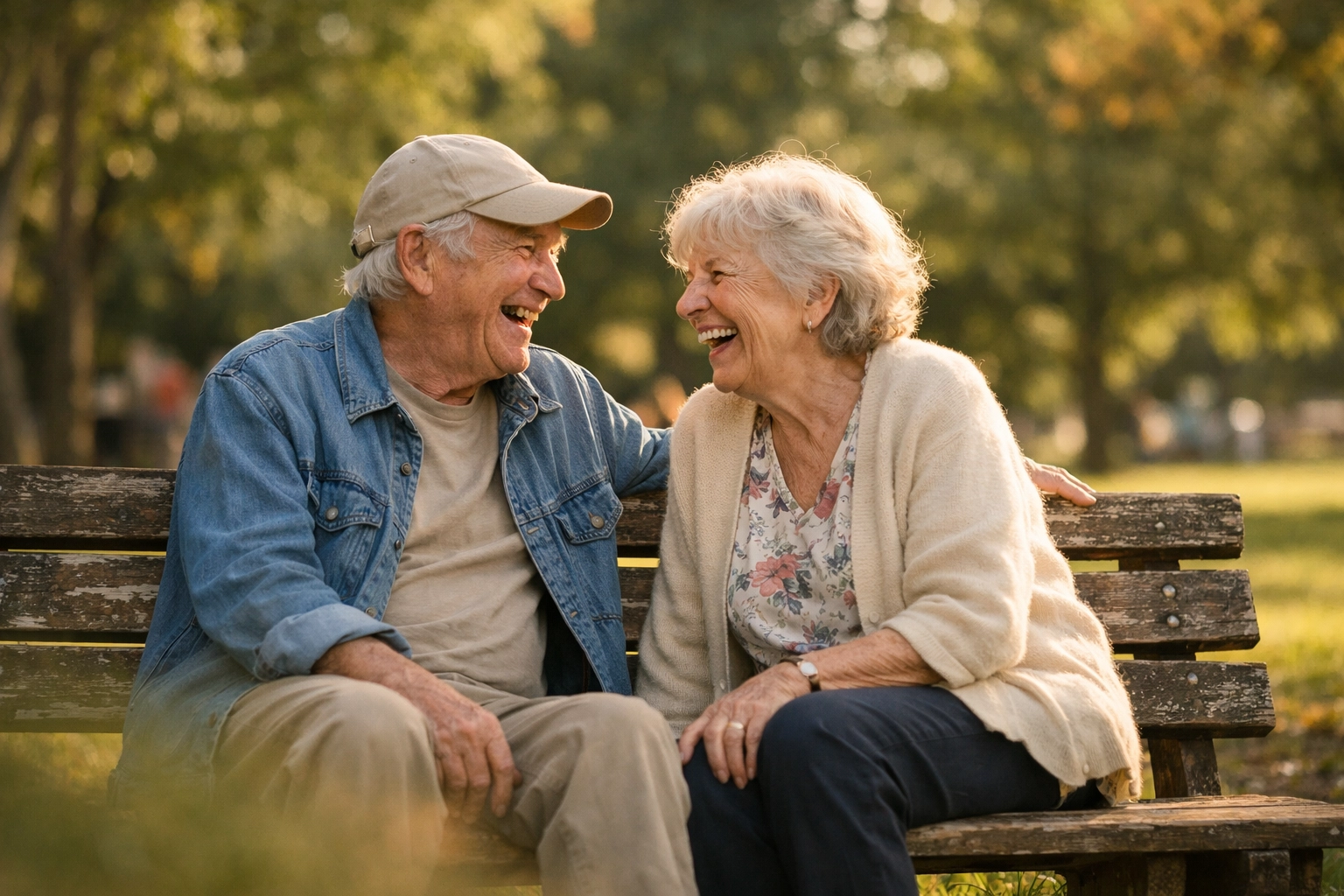 Authentic candid photography of an elderly couple laughing on a park bench during golden hour.