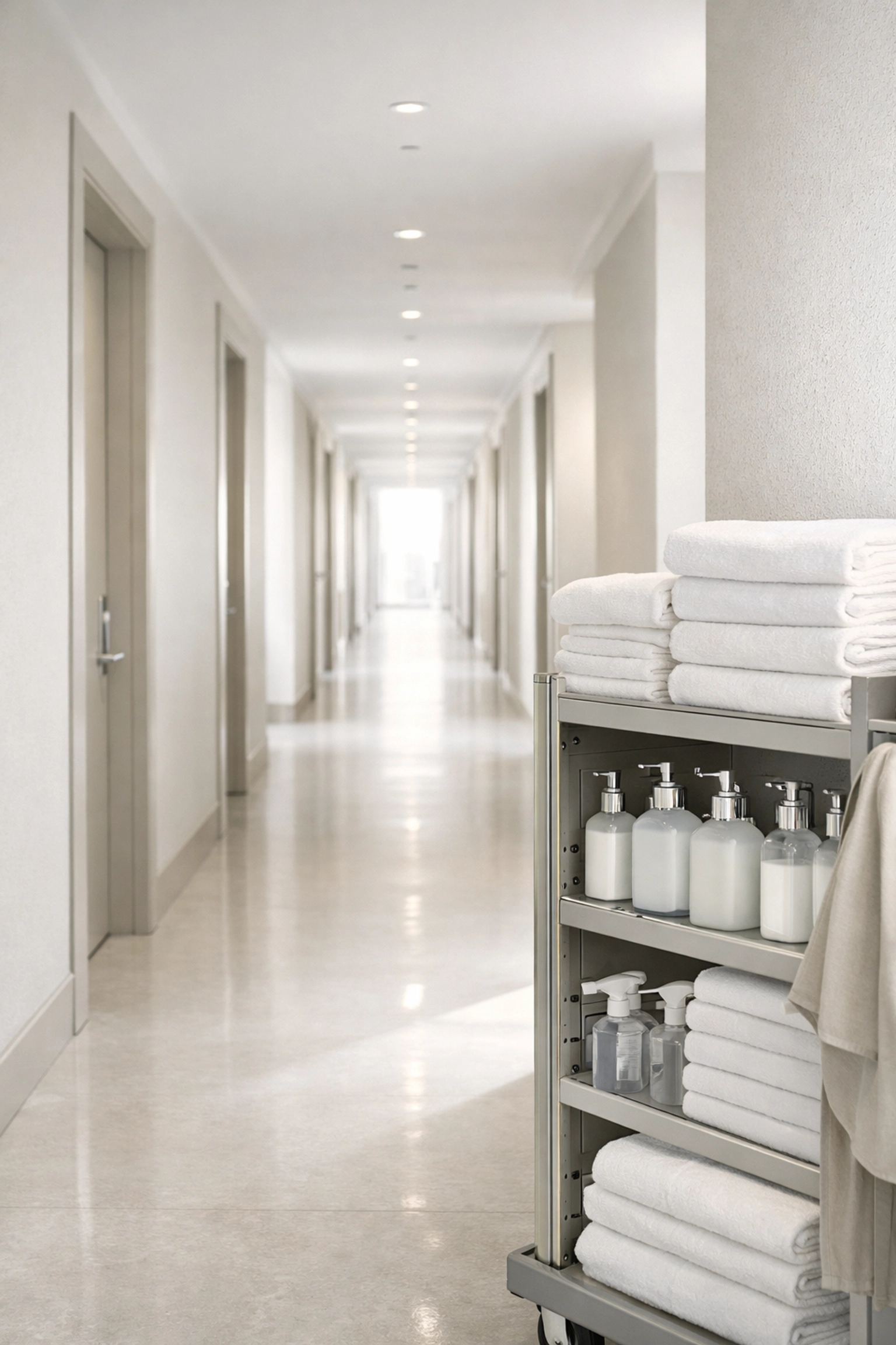 Housekeeping cart in a clean hotel corridor, managed through automated housekeeping optimization software.