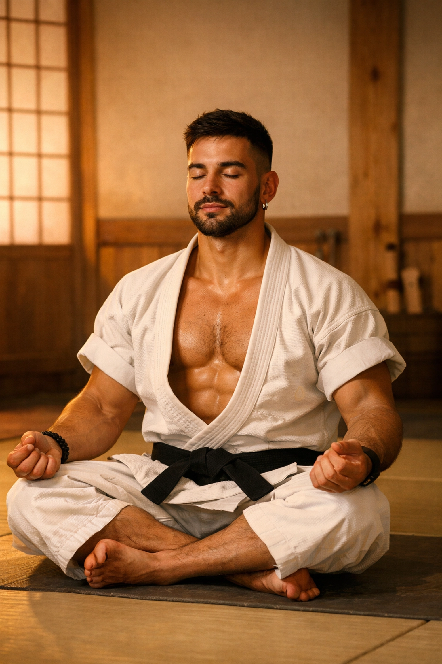 Man meditating in martial arts training gear showing internal strength and mindfulness in the dojo
