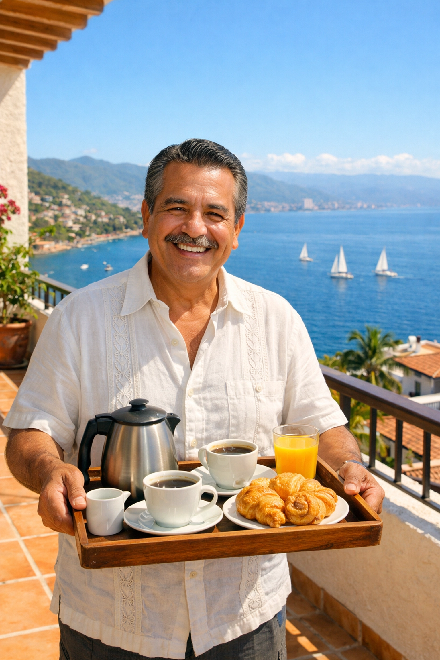 Family-run Puerto Vallarta condo host serving coffee on balcony with Banderas Bay view