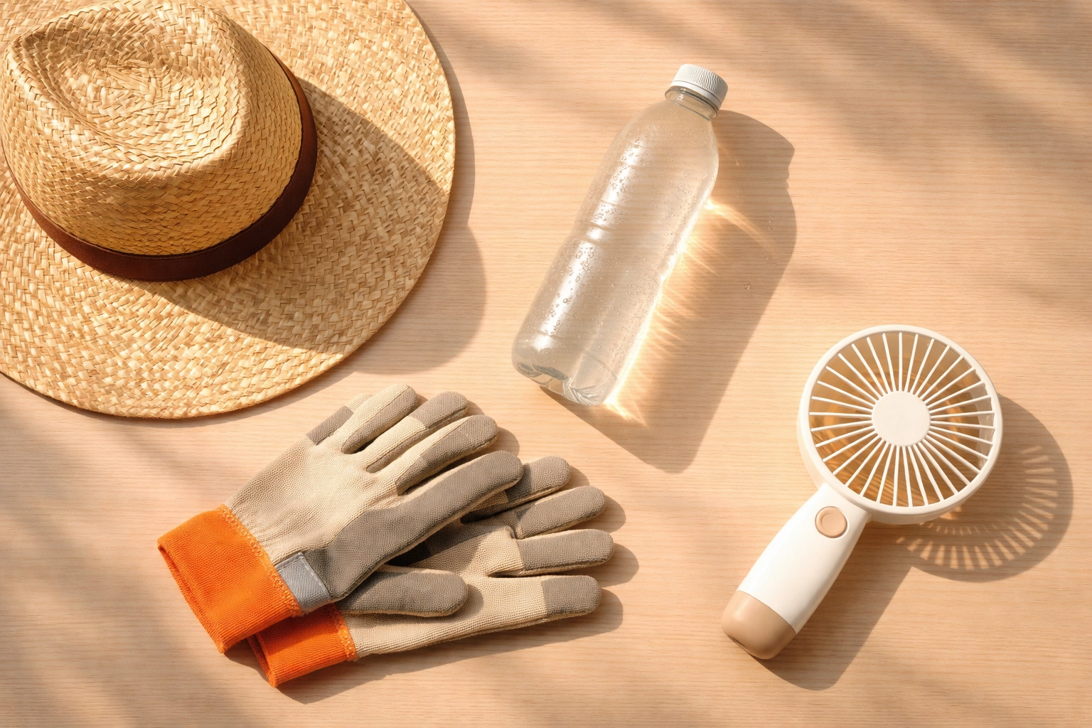 Farm worker essentials including water, gloves, and a straw hat for heat safety and hydration