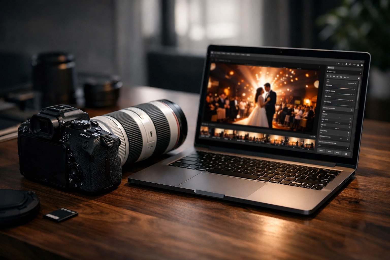 Professional photographer at Edin Studios editing high-quality images from a Miami corporate event.