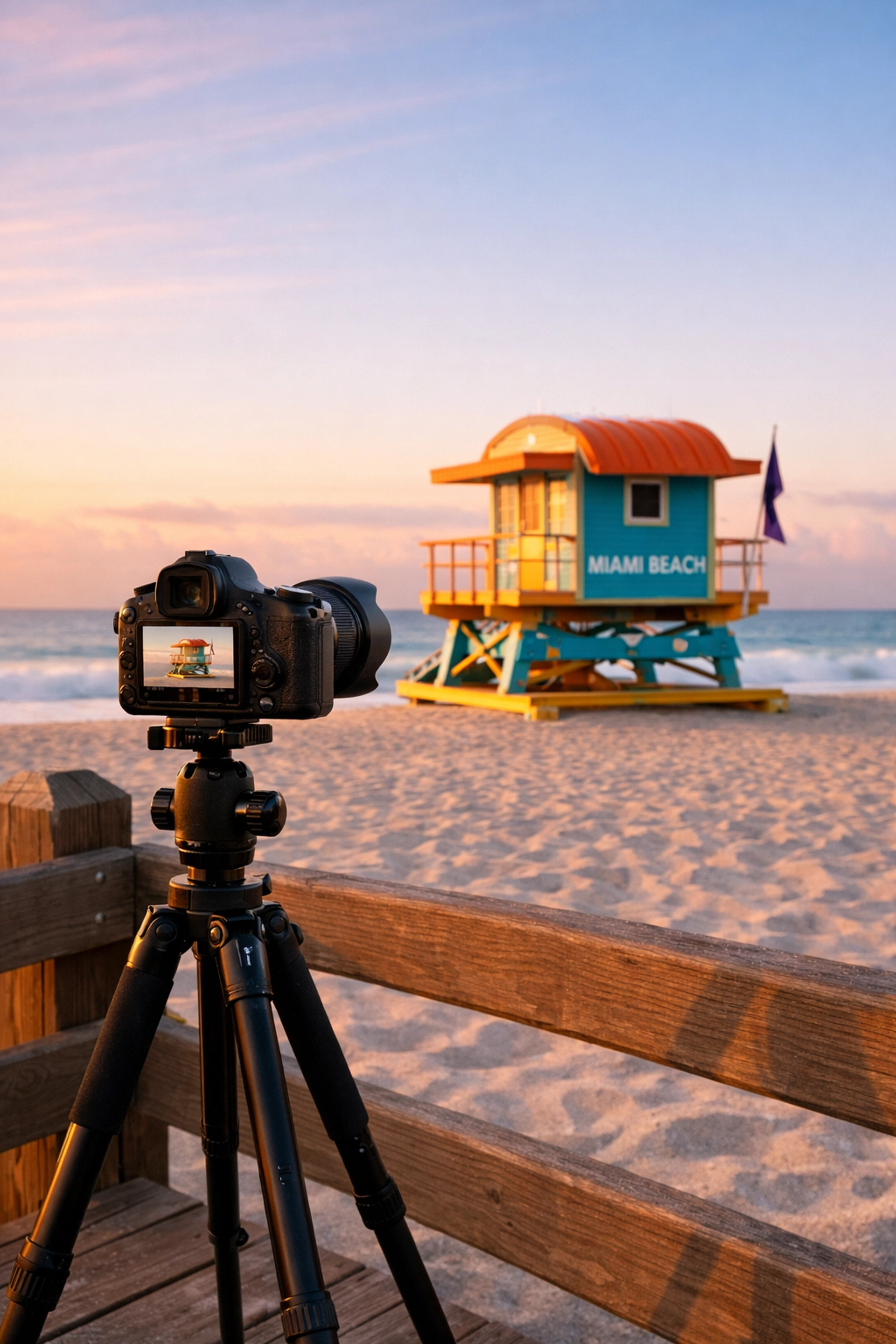 Camera setup on Miami Beach boardwalk for high-end landscape and local event photography at sunrise.