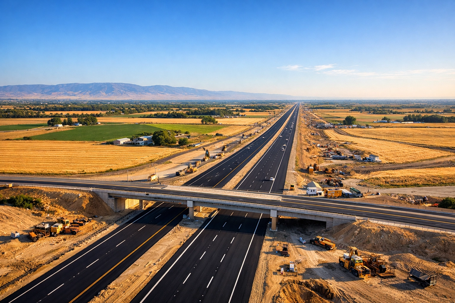 Aerial view of the Idaho 16 highway extension construction in the Treasure Valley showing infrastructure progress. Aerial view of the Idaho 16 highway extension construction in the Treasure Valley showing infrastructure progress.