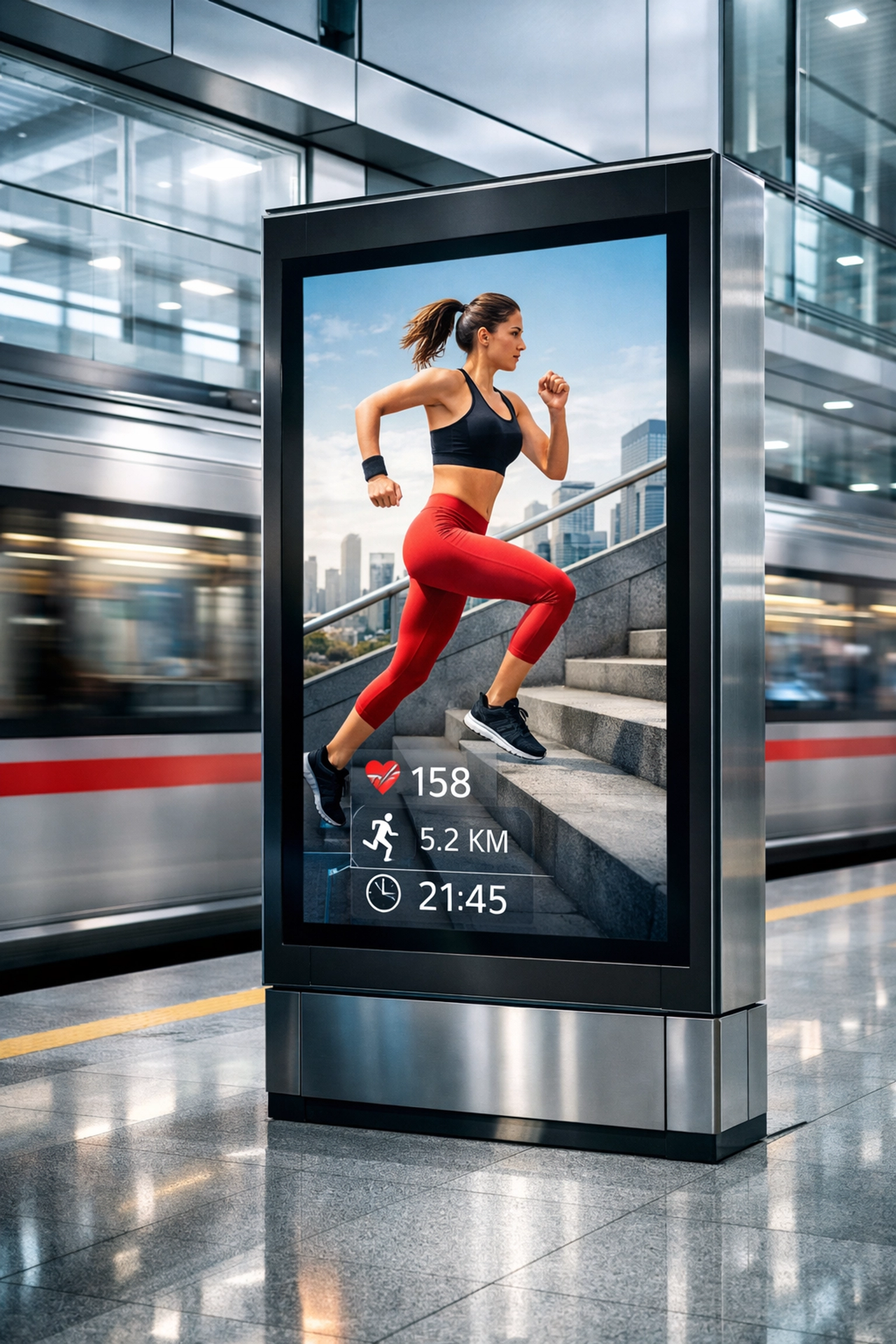 Digital outdoor advertising screen in a modern transit terminal showing sports content.