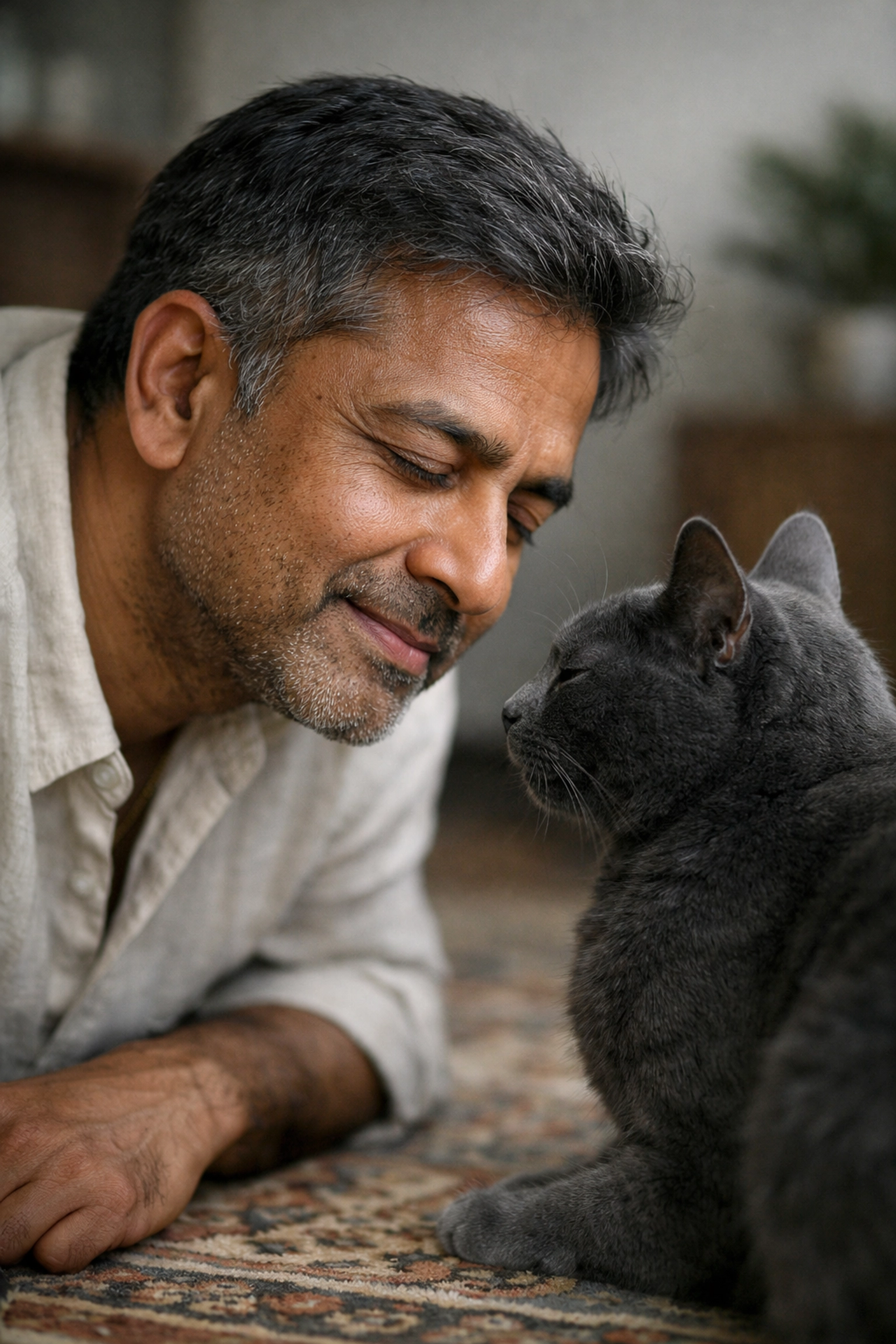 Experienced cat sitter in San Francisco observing feline behavior during an in-home care visit.