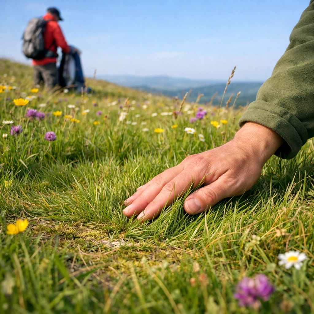 Brushing grass to leave no trace after a successful wild camping guided UK experience.
