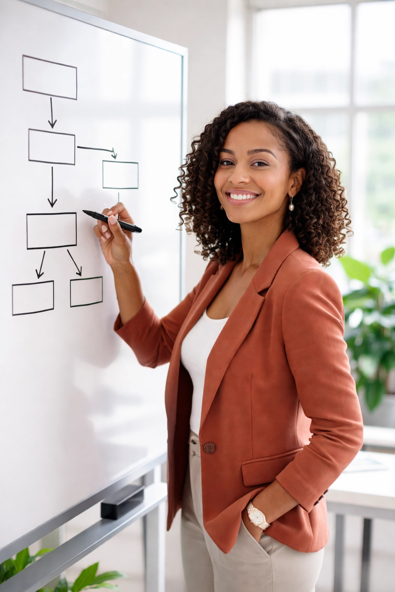 Confident female coach mapping business growth strategy on a whiteboard, illustrating smart scaling for coaching businesses