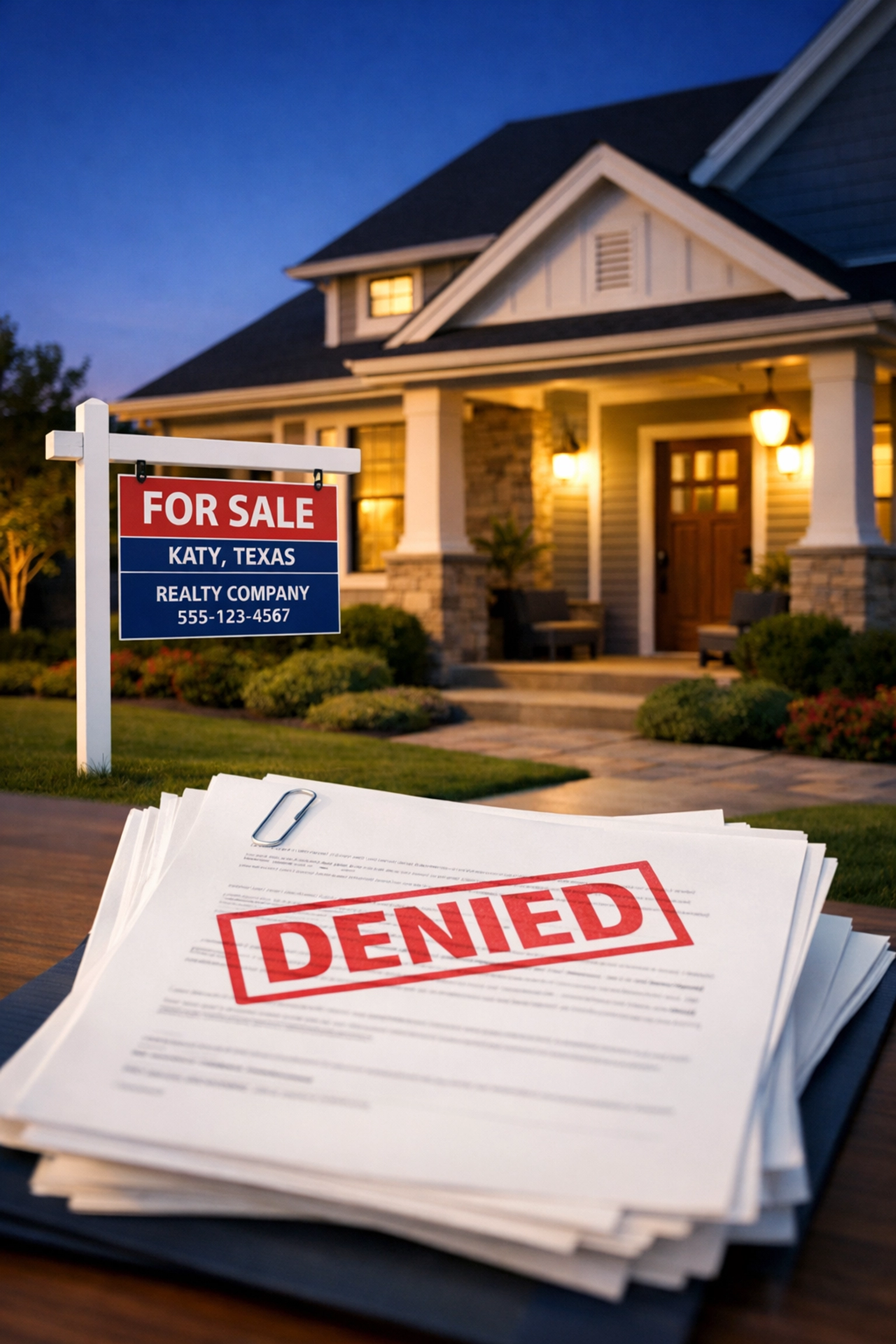 Katy TX home for sale with mortgage denial documents showing collections blocking approval