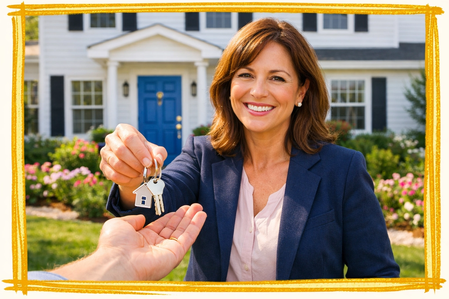 Realtor handing keys to a buyer in front of a colonial home after a successful Connecticut real estate sale.