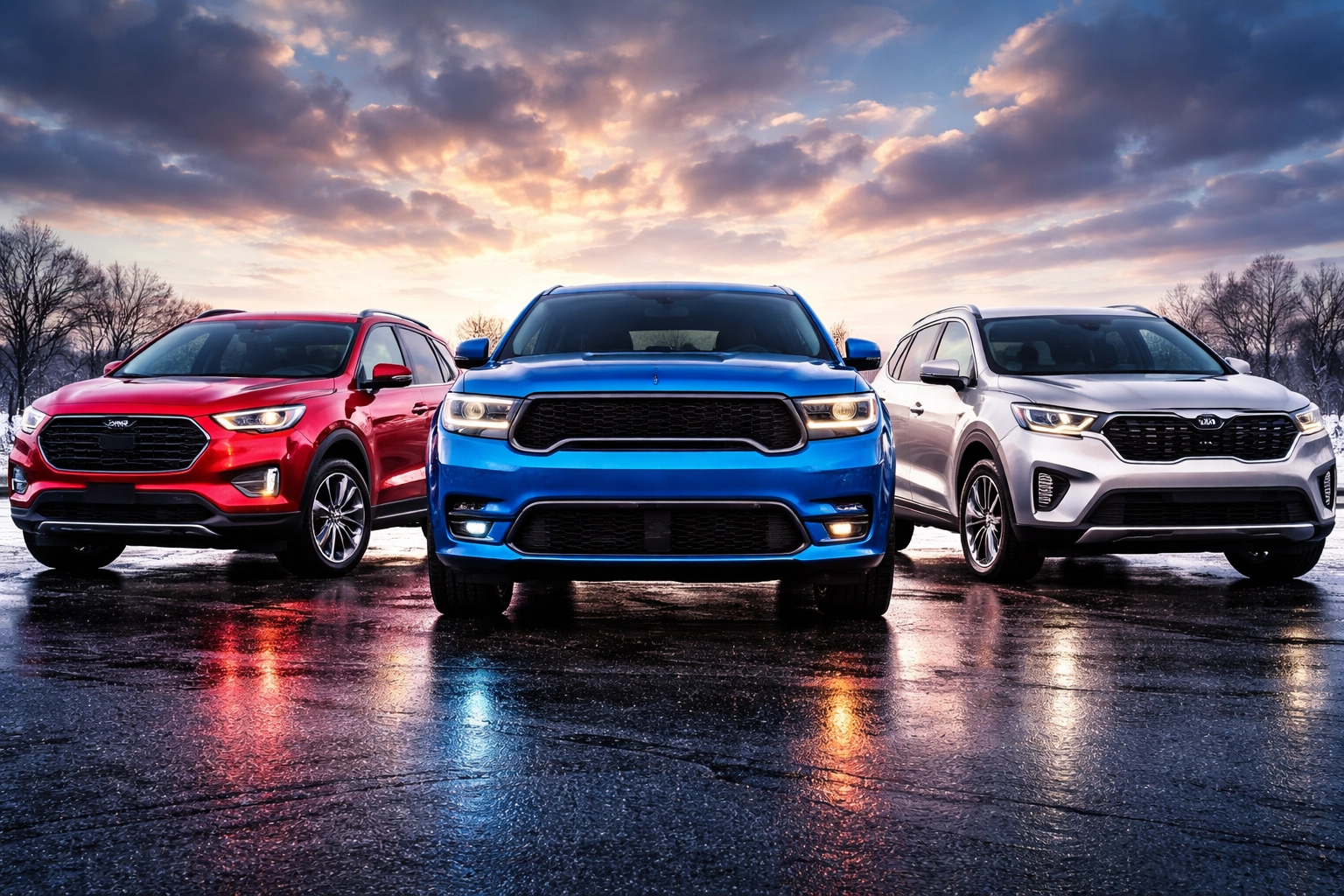Three used SUVs including Ford Escape, Dodge Durango, and Kia Sorento on a dealership lot in winter in Arnold MO