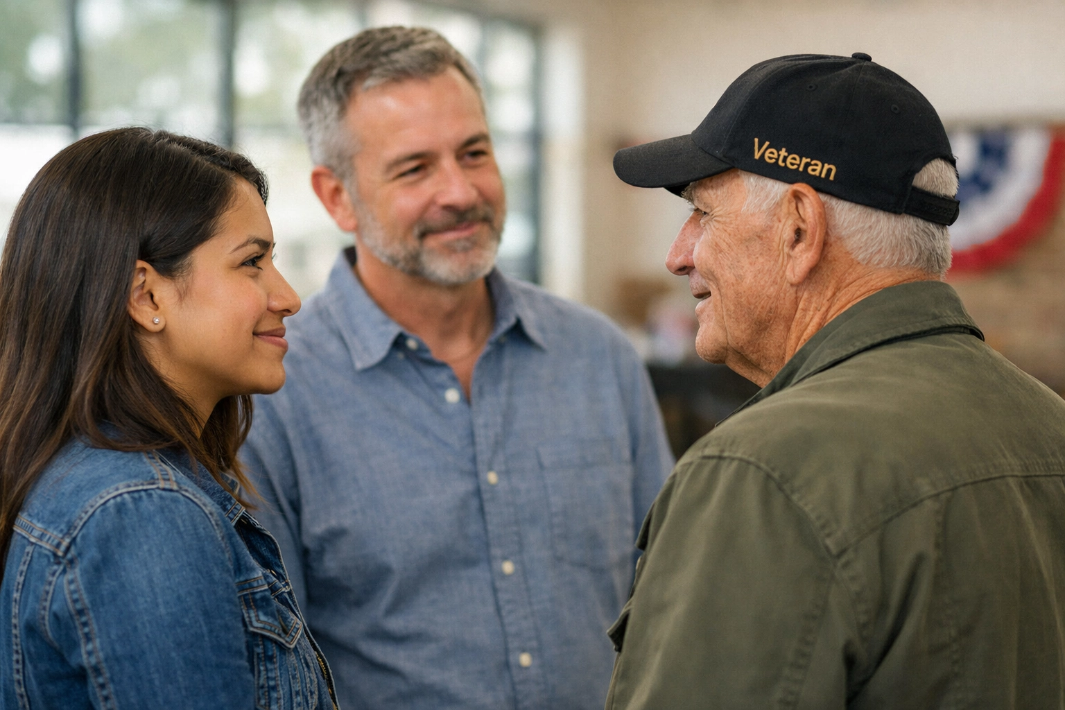 Diverse community members listening to a veteran
