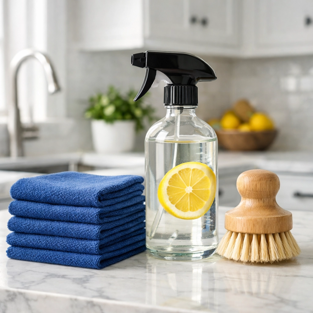 Eco-friendly residential cleaning MA supplies including microfiber cloths and natural spray on a kitchen counter.