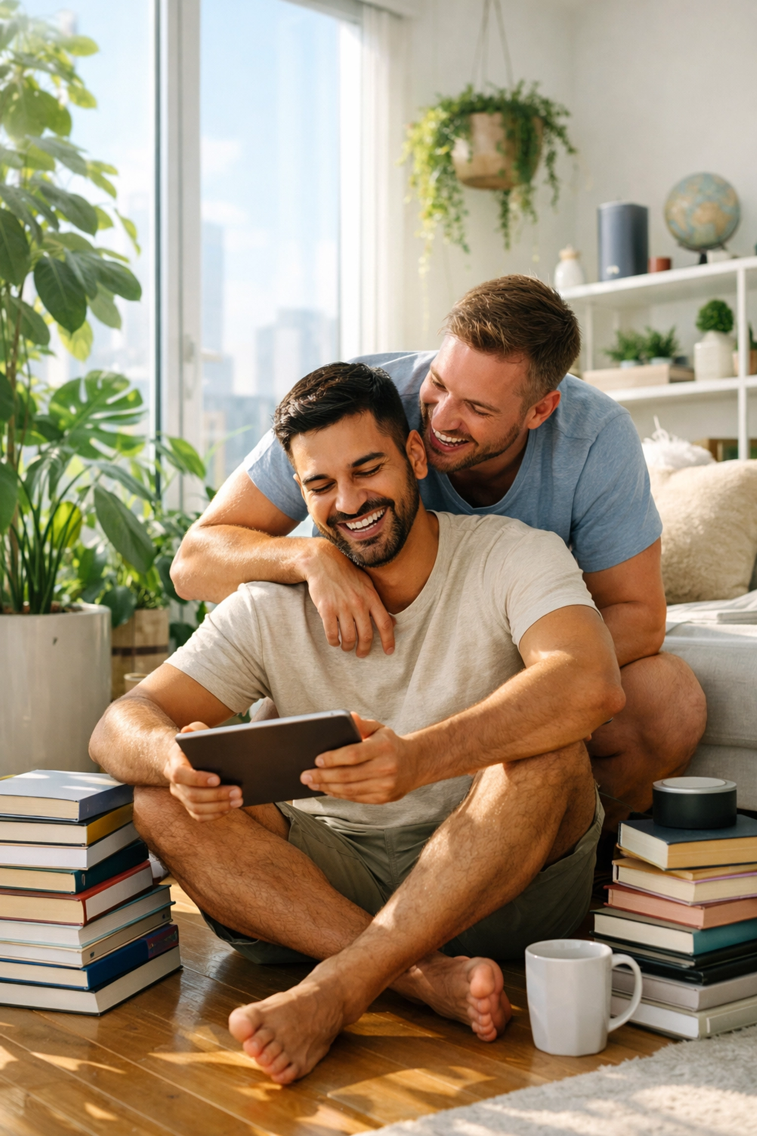 Happy gay couple laughing in a modern 2026 apartment, reflecting the authentic reality of modern gay life and MM romance.