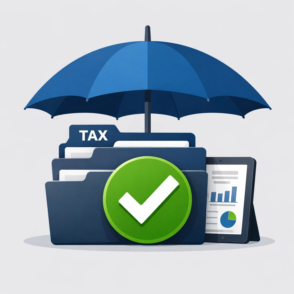 Tax preparation documents protected by an umbrella, signifying IRS compliance and reduced audit risk in New Haven.