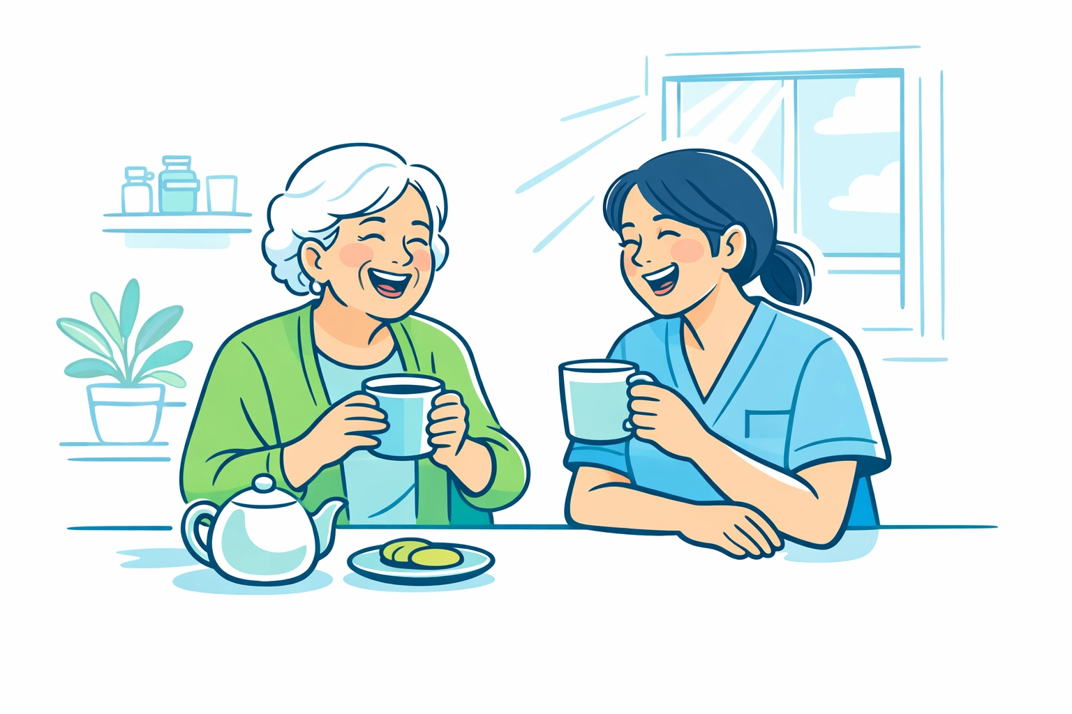 Cuidadora compartiendo café con adulta mayor combatiendo la soledad con compañía