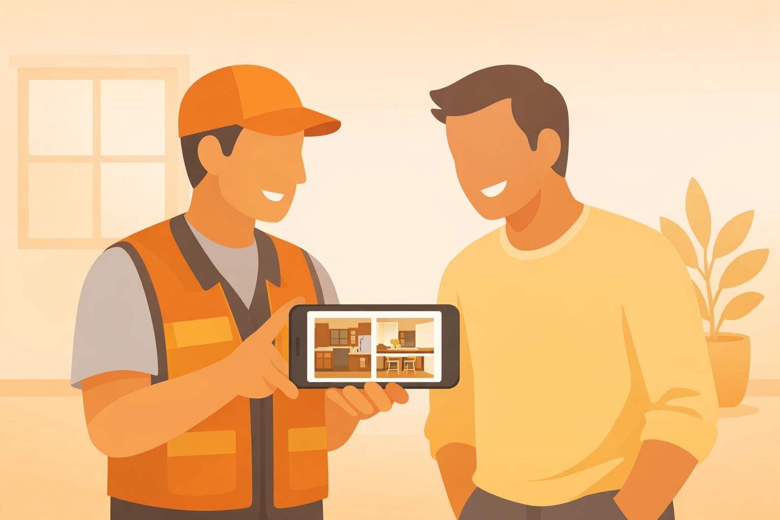 Service contractor showing a homeowner professional before and after project photos on a mobile device.