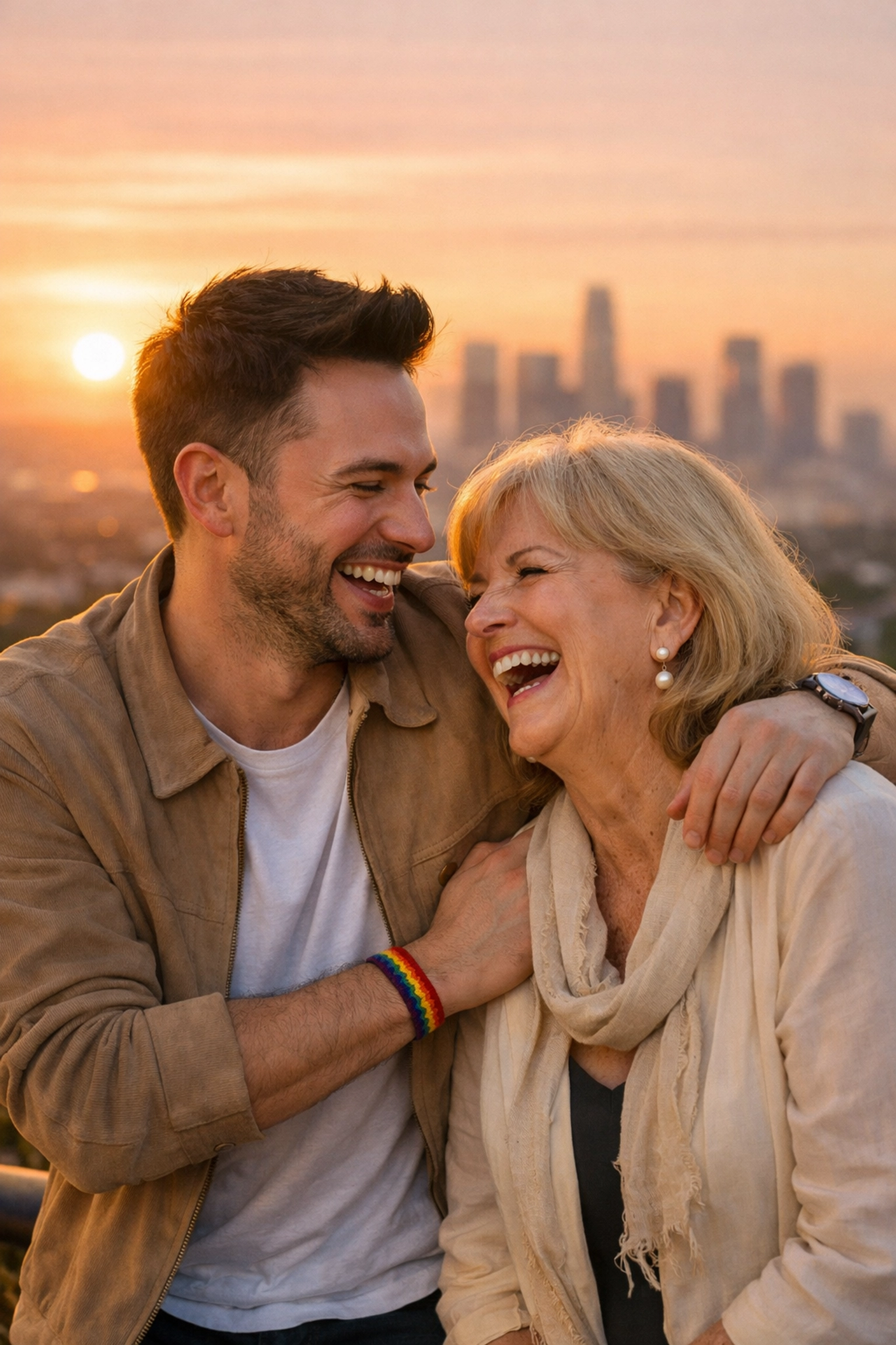 A gay man and his mother sharing a joyful moment at a scenic city overlook during a special Mother's Day trip.
