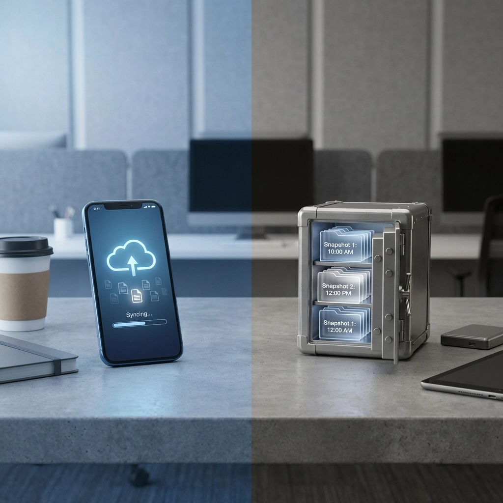 Comparison of cloud sync vs secure backup vault, illustrating best practices for business data safety.